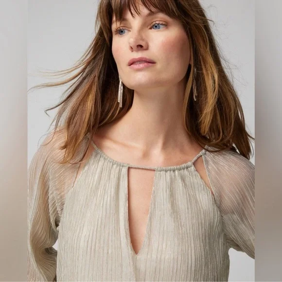 NWT White House Black Market Crinkle Top Ecru/Gold/Silver Balloon Long Sleeve L - Picture 11 of 11